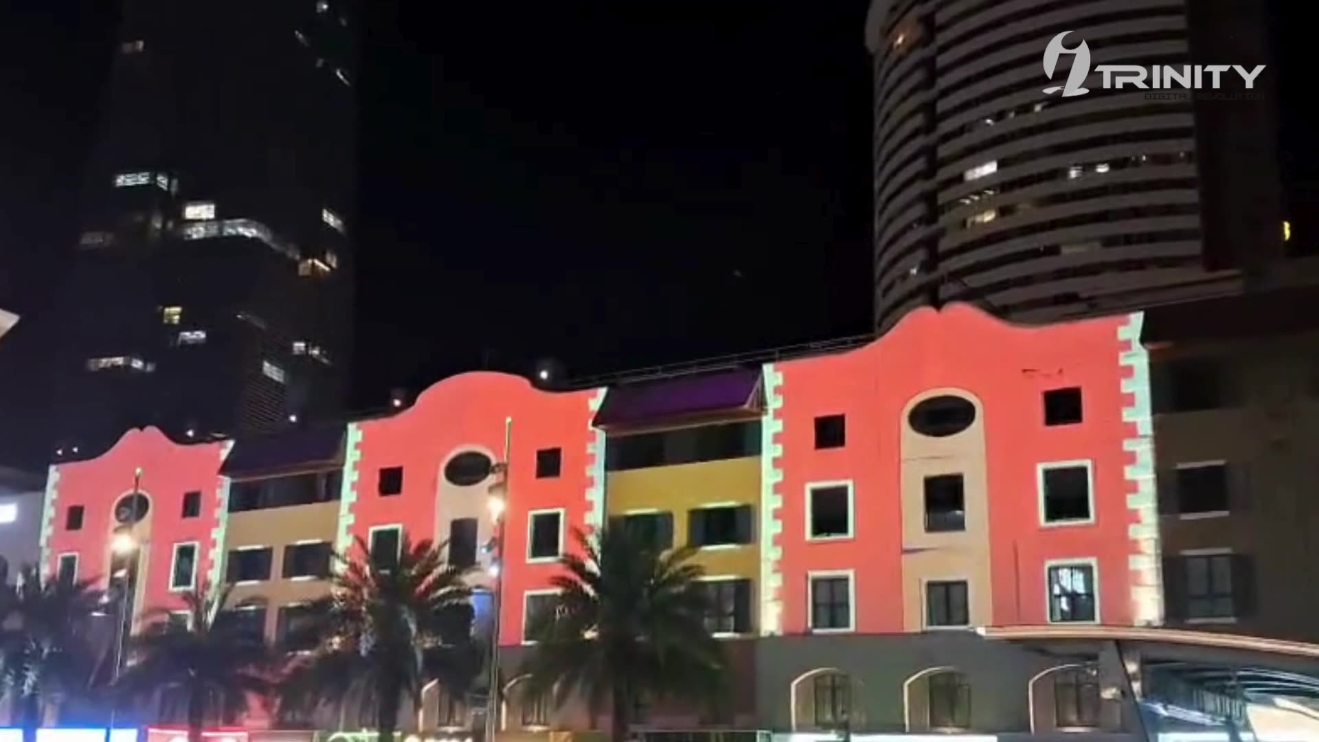 Projection mapping on a city building facade